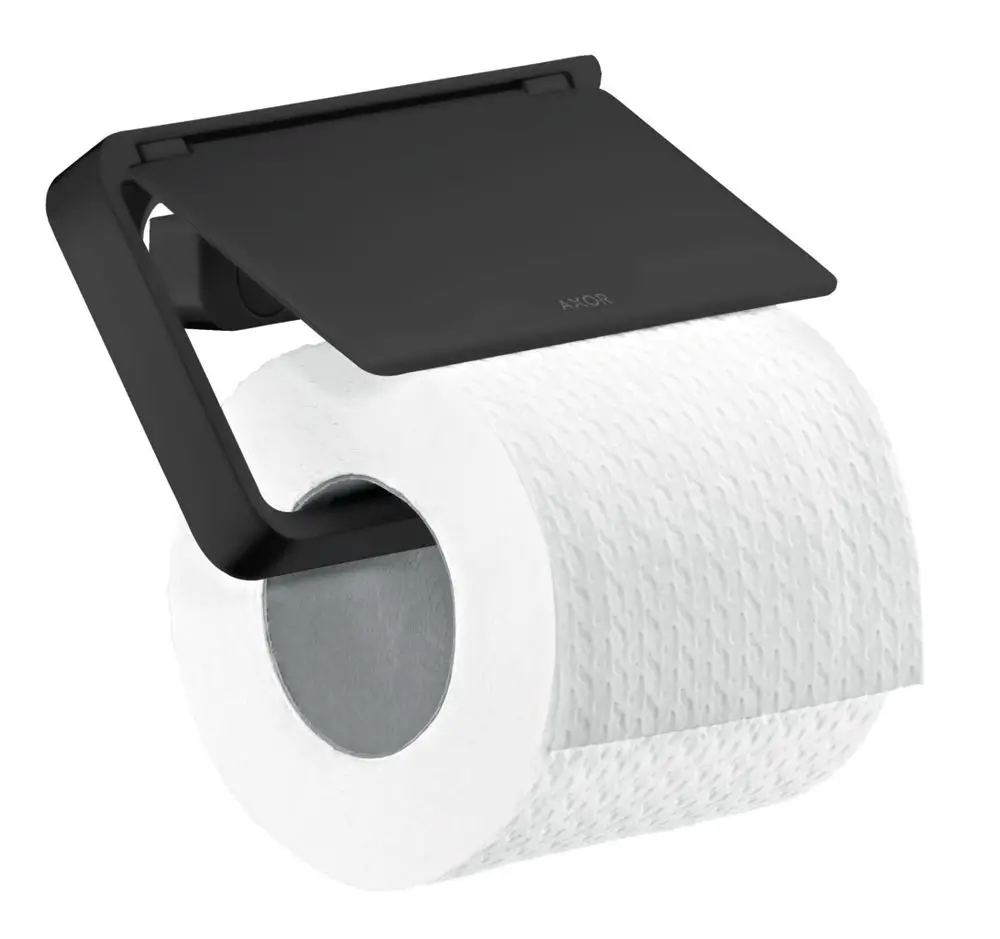 Toilettenpapierhalter mit Deckel in mattschwarzer Ausführung. Das Produkt zeigt eine robuste Halterung und ist für Standard-Toilettenpapierrollen geeignet. Marke: AXOR.